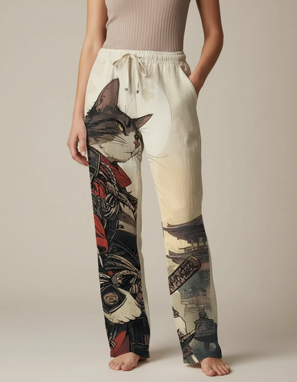 Pantalon Japonais Large Lin Imprimé Chat Samurai