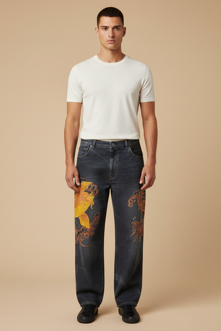 Pantalon Japonais Denim Ample Koi Brodé Homme - Gris Jean