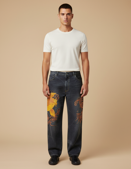 Pantalon Japonais Denim Ample Koi Brodé Homme - Gris Jean