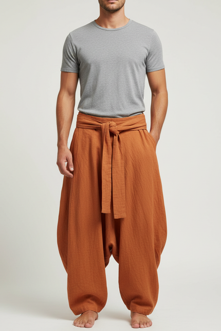 Pantalon Japonais Lin Coton Ample Sarouel Marron Homme