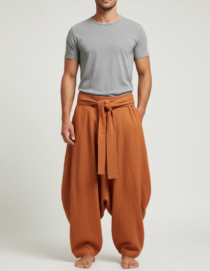 Pantalon Japonais Lin Coton Ample Sarouel Marron Homme