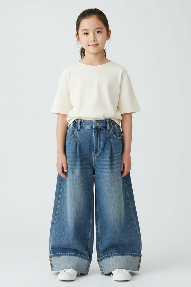 Pantalon Japonais Denim Ample Large Fille Décontracté - Bleu Jean