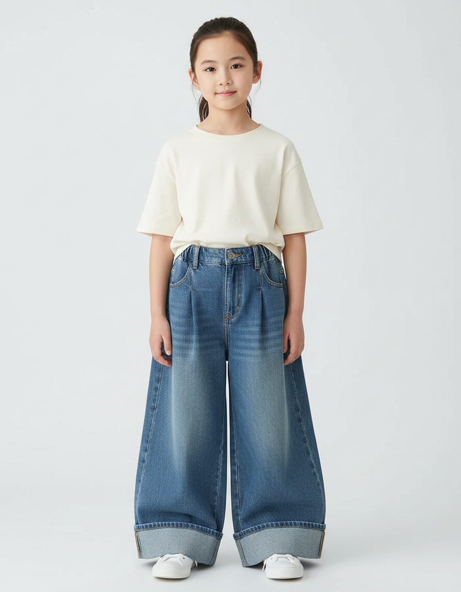 Pantalon Japonais Denim Ample Large Fille Décontracté - Bleu Jean