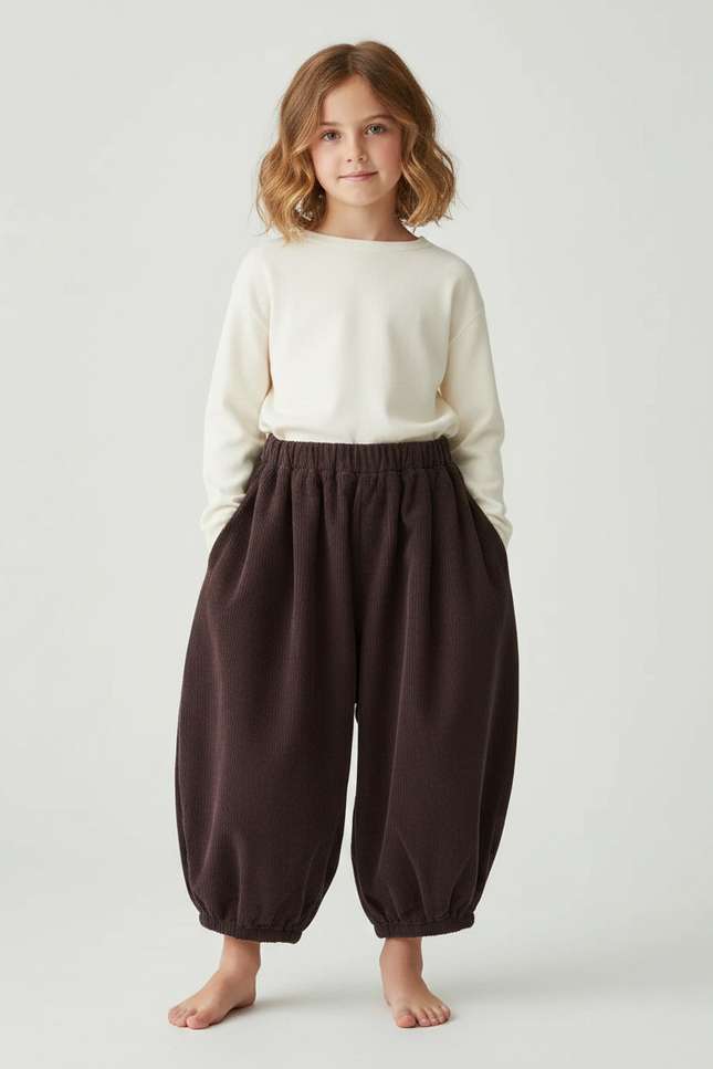 Pantalon Japonais Marron Côtelé Ample Confortable Enfant - Cordé