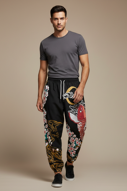 Pantalon Japonais Noir Carpe Sakura Jogger Streetwear Homme - Molleton