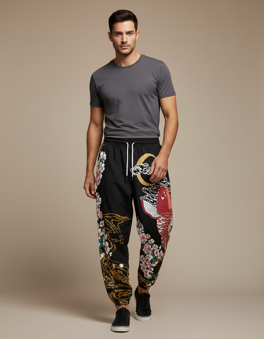 Pantalon Japonais Noir Carpe Sakura Jogger Streetwear Homme - Molleton