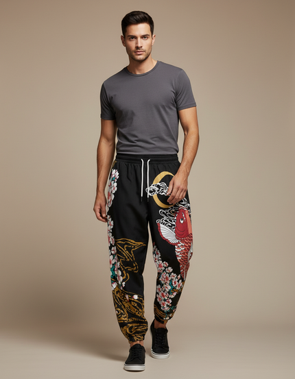 Pantalon Japonais Noir Carpe Sakura Jogger Streetwear Homme - Molleton