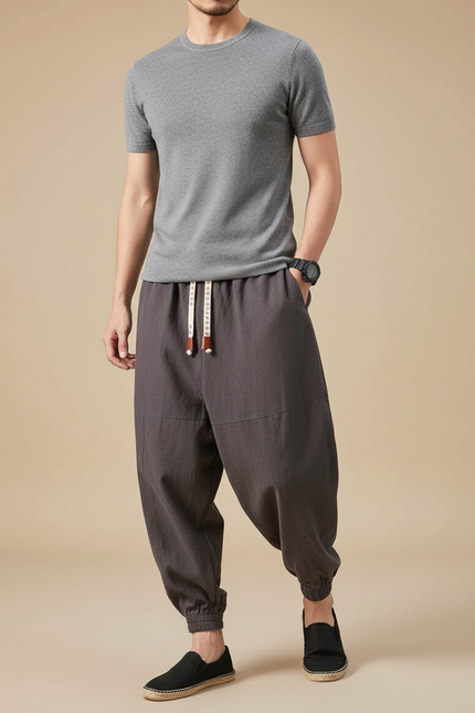 Pantalon Japonais Sarouel Ample Coton Lin Gris