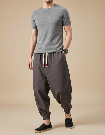 Pantalon Japonais Sarouel Ample Coton Lin Gris
