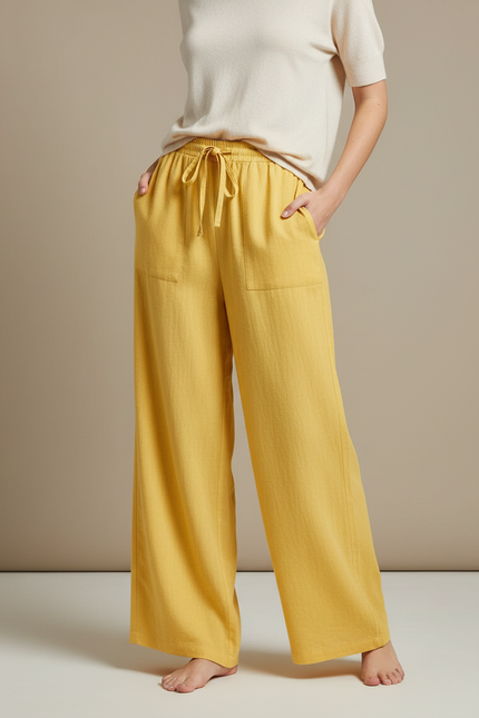 Pantalon Japonais Jaune Ample Lin Confortable Décontracté