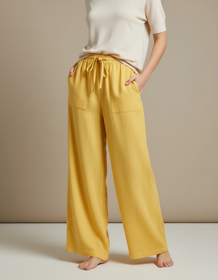 Pantalon Japonais Jaune Ample Lin Confortable Décontracté