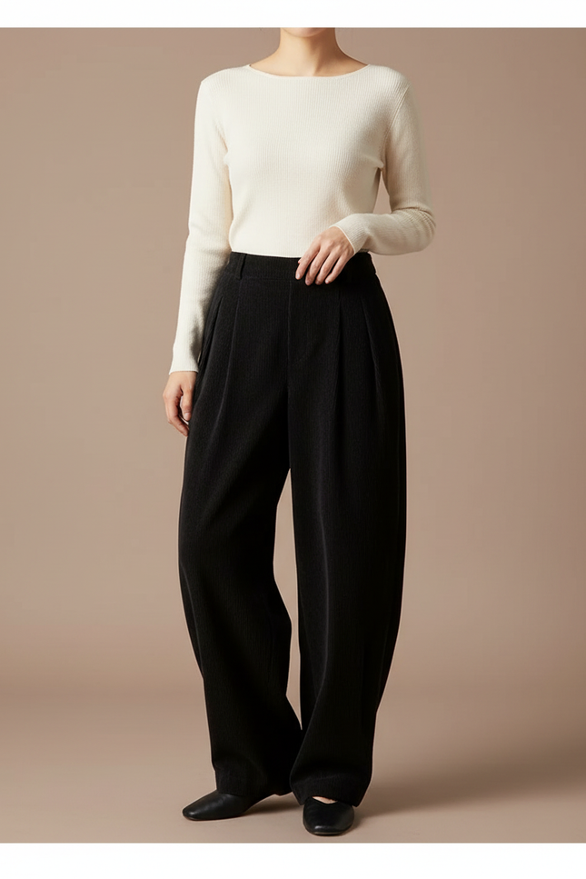 Pantalon Japonais Velours Côtelé Noir Ample Plissé - Cordé