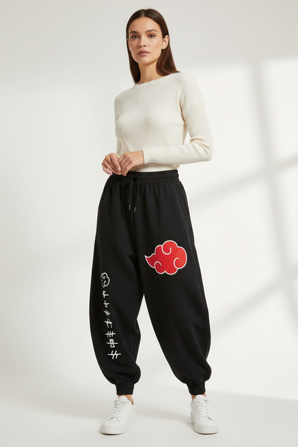 Pantalon Japonais Noir Ample Imprimé Akatsuki - Molleton