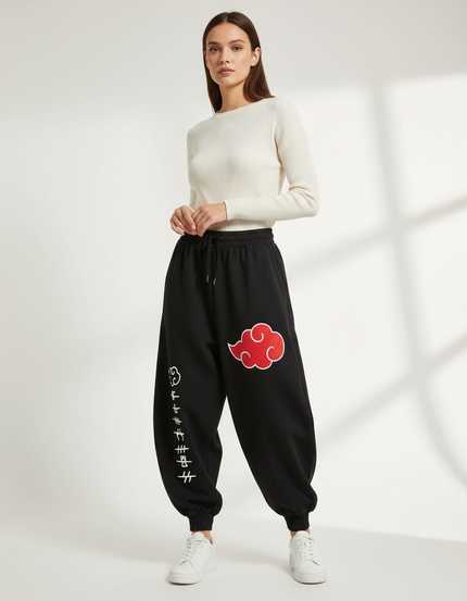 Pantalon Japonais Noir Ample Imprimé Akatsuki - Molleton