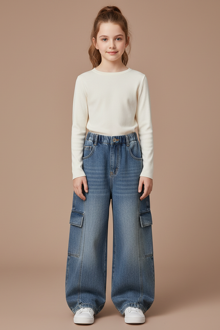 Pantalon Japonais Denim Ample Cargo Bleu Fille - Jean