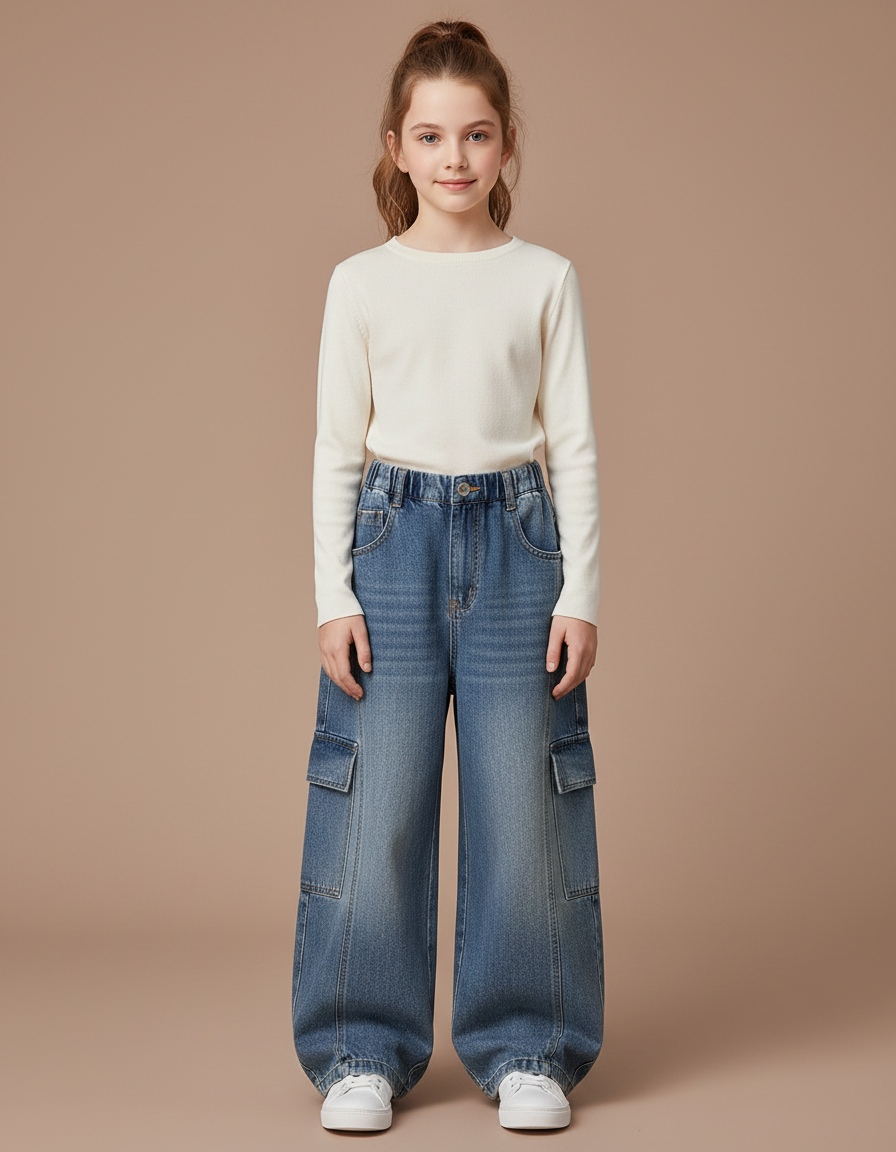 Pantalon Japonais Denim Ample Cargo Bleu Fille - Jean