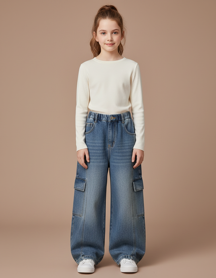 Pantalon Japonais Denim Ample Cargo Bleu Fille - Jean