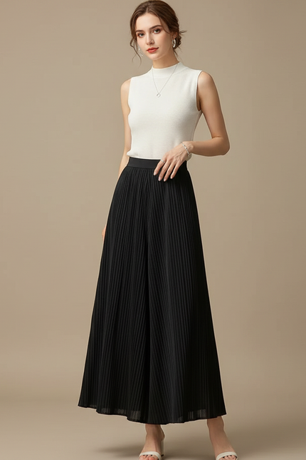 Pantalon Japonais Plissé Noir Ample Fluide Élégant - Polyester