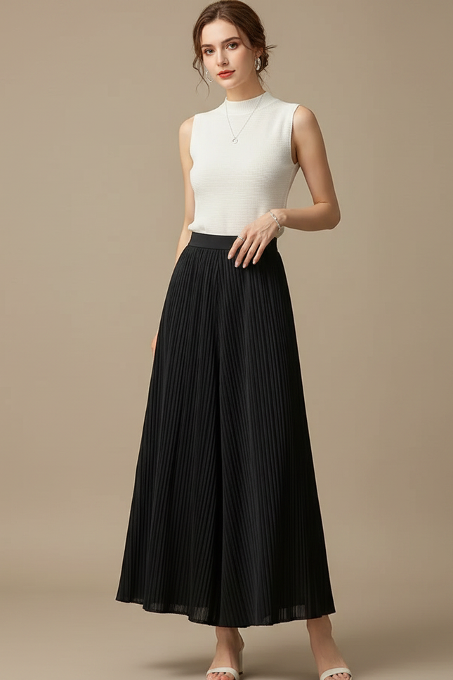 Pantalon Japonais Plissé Noir Ample Fluide Élégant - Polyester