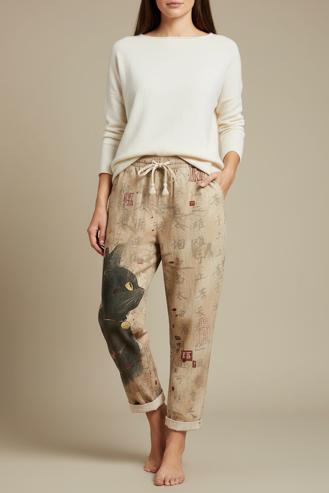 Pantalon Japonais Lin Imprimé Chat Ample Beige