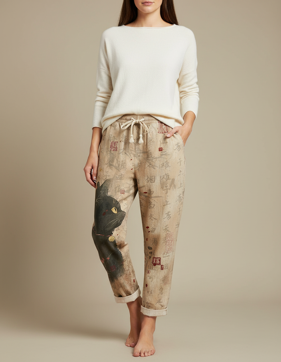Pantalon Japonais Lin Imprimé Chat Ample Beige