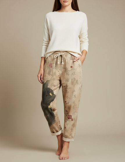 Pantalon Japonais Lin Imprimé Chat Ample Beige
