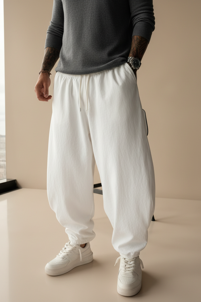 Pantalon Japonais Blanc Ample Cordon Décontracté Homme - Molleton