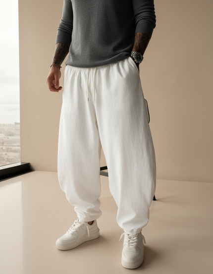 Pantalon Japonais Blanc Ample Cordon Décontracté Homme - Molleton
