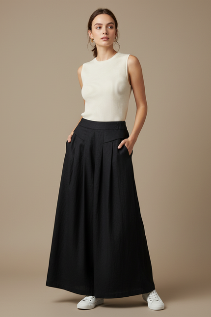 Pantalon Japonais Noir Ample Lin Plissé Décontracté