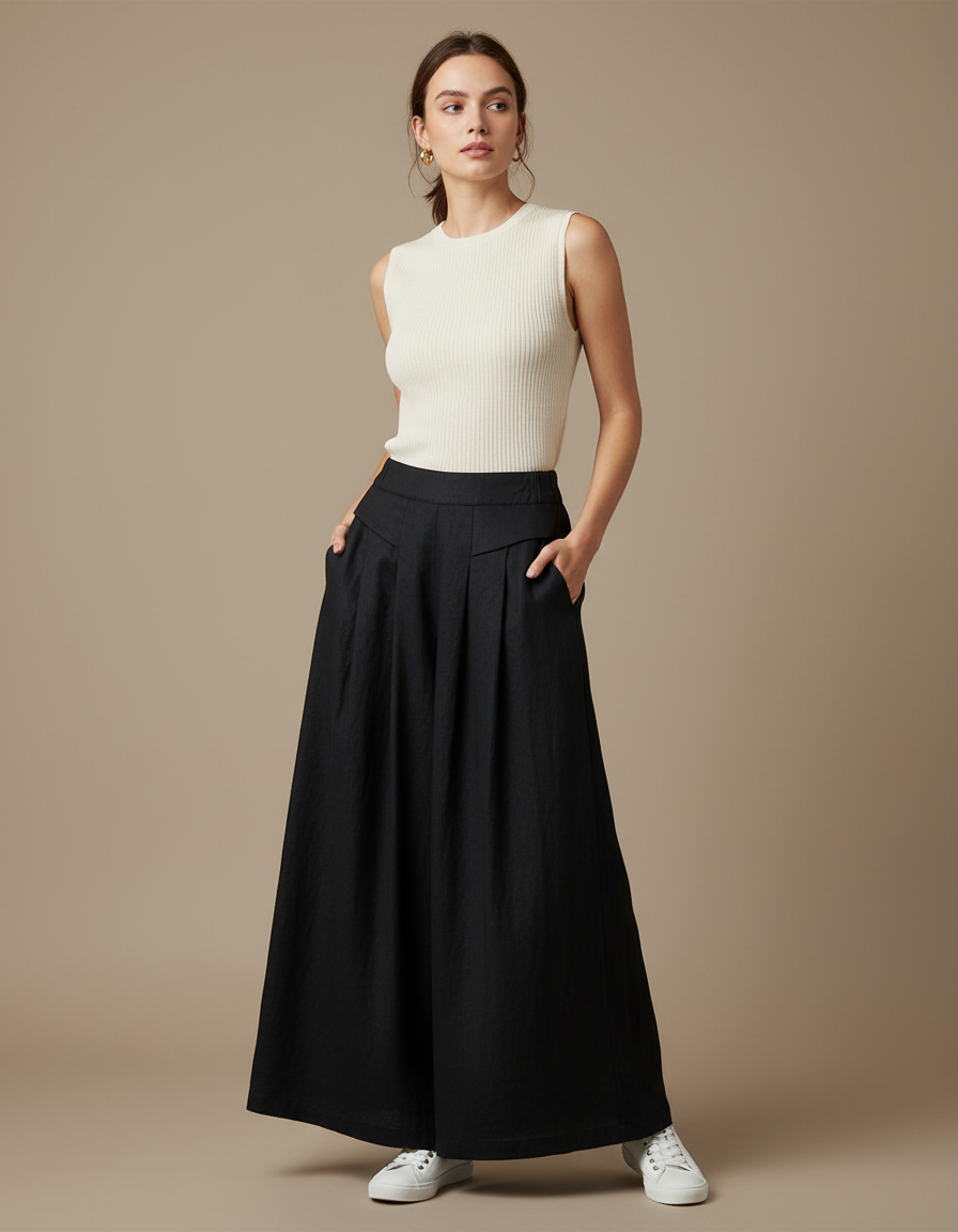 Pantalon Japonais Noir Ample Lin Plissé Décontracté