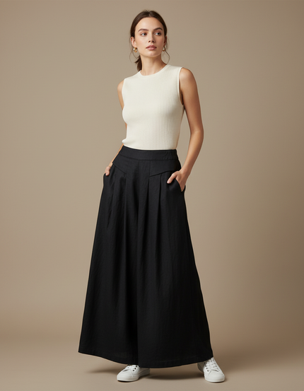 Pantalon Japonais Noir Ample Lin Plissé Décontracté