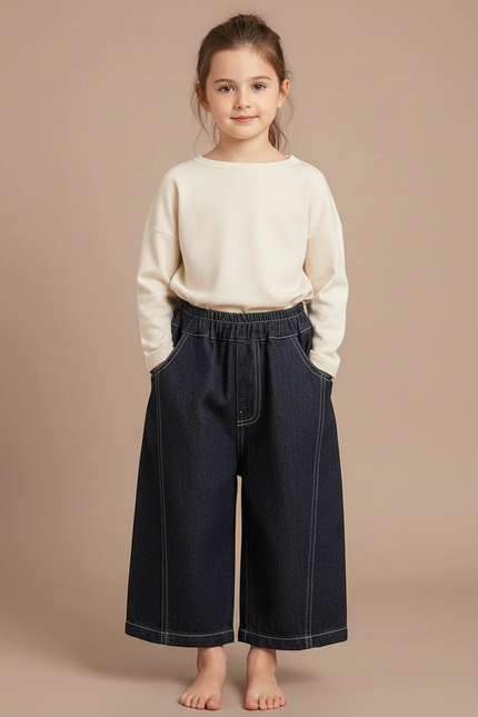 Pantalon Japonais Denim Ample Élastique Enfant - Marine Jean