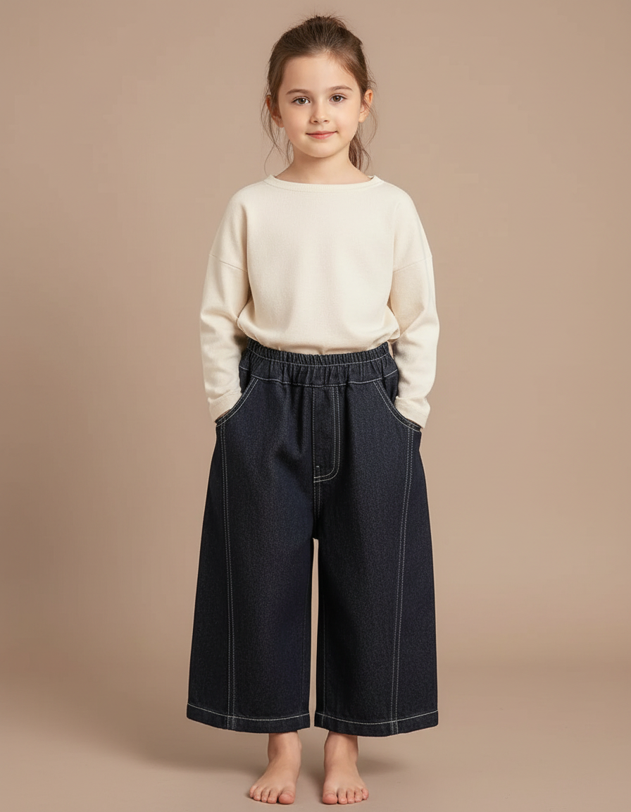 Pantalon Japonais Denim Ample Élastique Enfant - Marine Jean