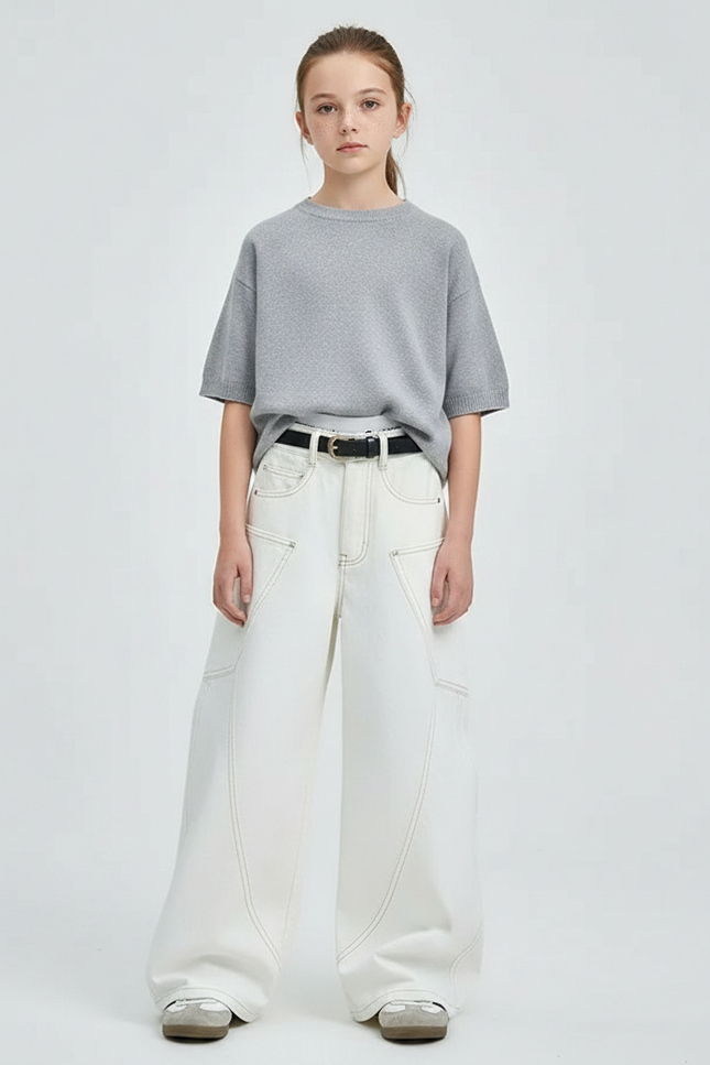 Pantalon Japonais Blanc Ample Coutures Contrastantes Fille - Jean