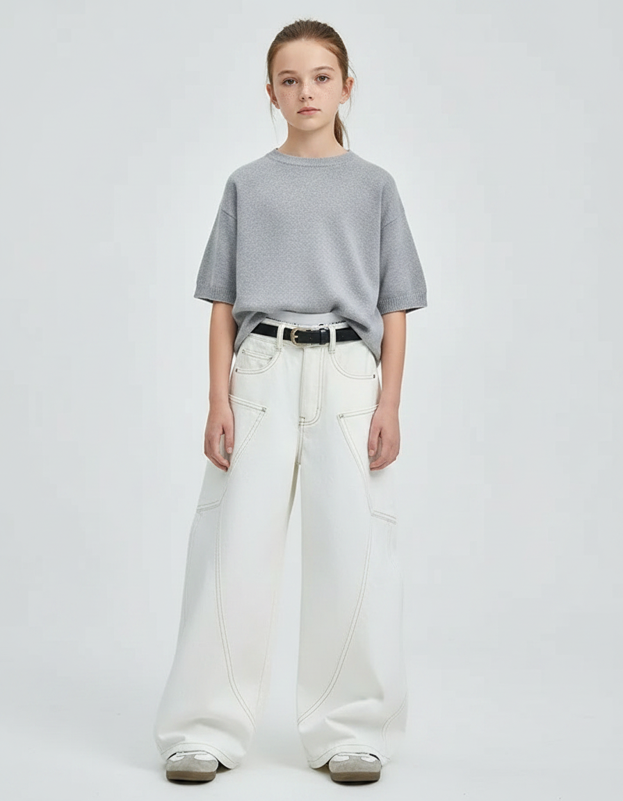 Pantalon Japonais Blanc Ample Coutures Contrastantes Fille - Jean