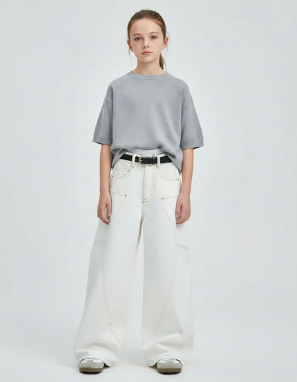 Pantalon Japonais Blanc Ample Coutures Contrastantes Fille - Jean