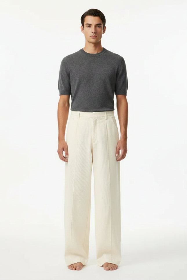 Pantalon Japonais Beige Côtelé Ample Décontracté Homme - Cordé
