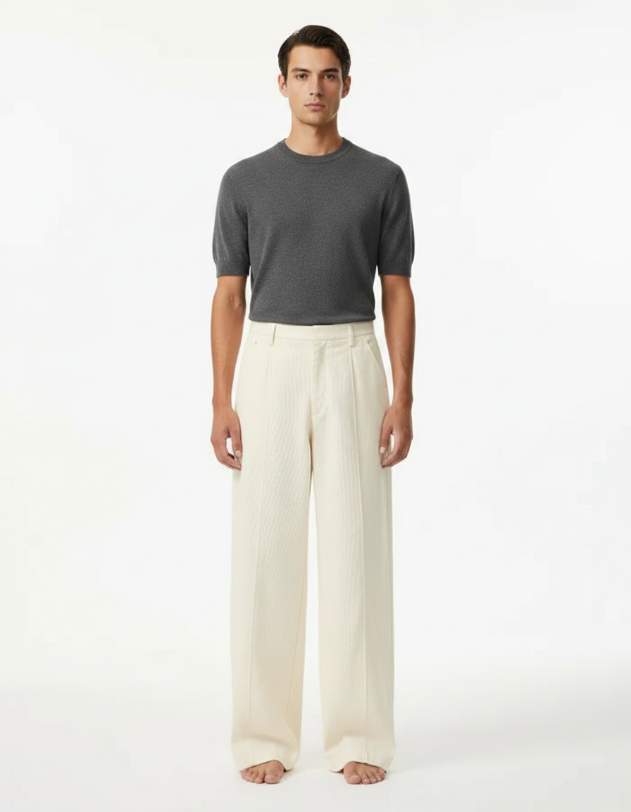 Pantalon Japonais Beige Côtelé Ample Décontracté Homme - Cordé