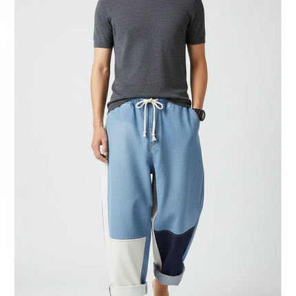Pantalon Japonais Patchwork Denim Ample Décontracté Mixte - Multicolore Jean