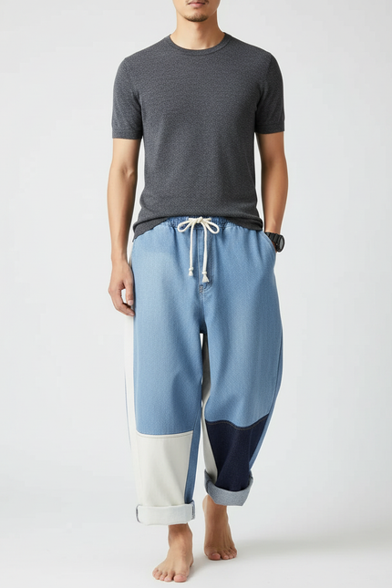 Pantalon Japonais Patchwork Denim Ample Décontracté Mixte - Multicolore Jean