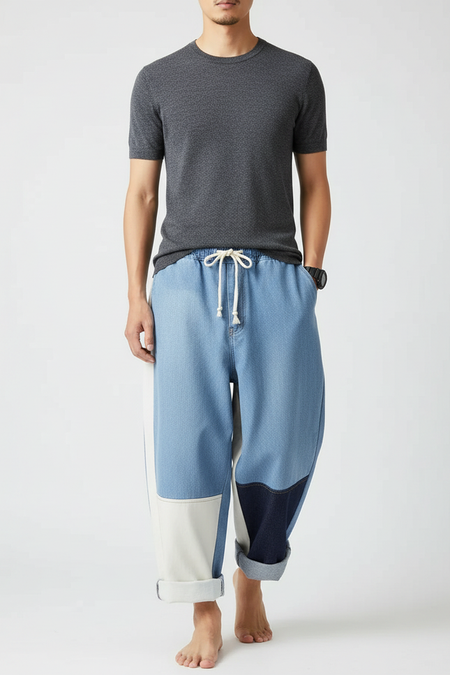 Pantalon Japonais Patchwork Denim Ample Décontracté Mixte - Multicolore Jean
