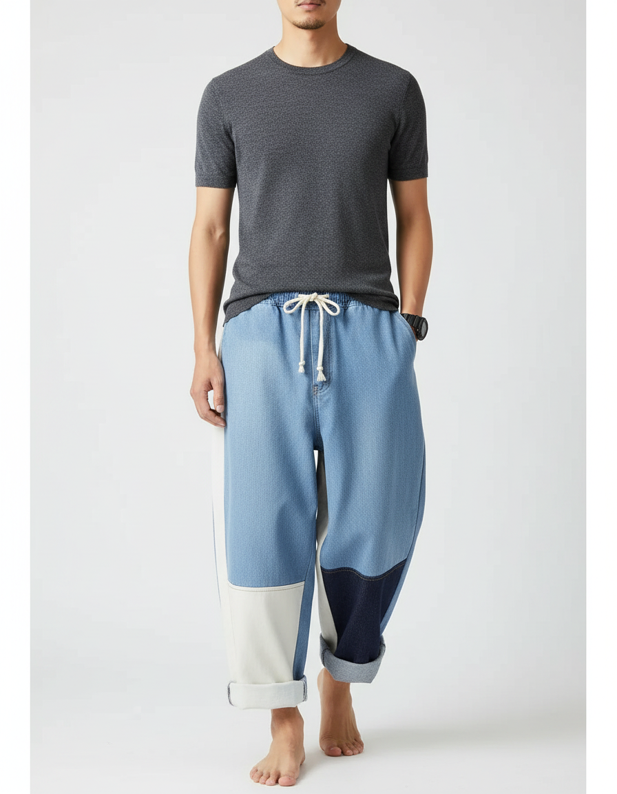 Pantalon Japonais Patchwork Denim Ample Décontracté Mixte - Multicolore Jean