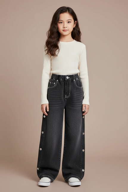 Pantalon Japonais Noir Large Boutons Fille Décontracté - Gris Jean