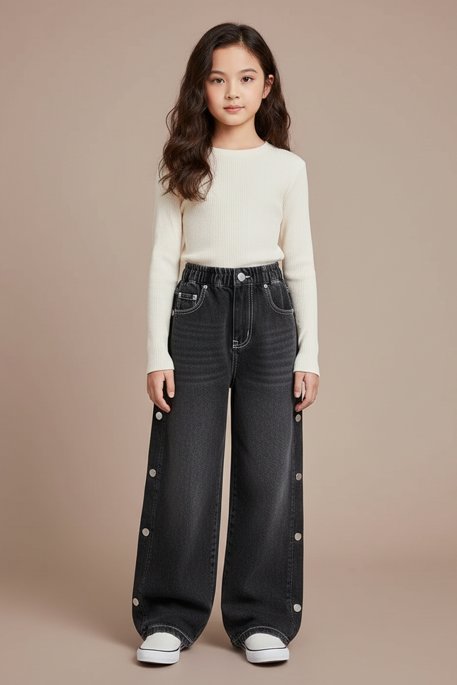 Pantalon Japonais Noir Large Boutons Fille Décontracté - Gris Jean