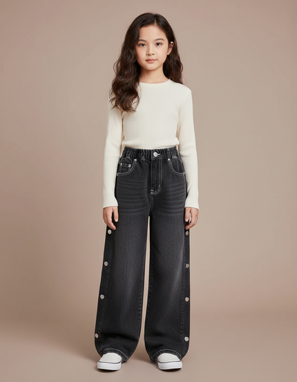 Pantalon Japonais Noir Large Boutons Fille Décontracté - Gris Jean