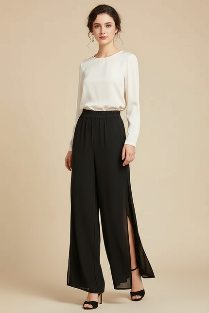 Pantalon Japonais Noir Fluide Fendu Élégant Chiffon - Polyester