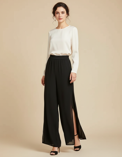 Pantalon Japonais Noir Fluide Fendu Élégant Chiffon - Polyester