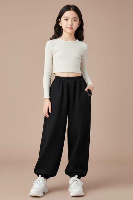 Pantalon Japonais Noir Ample Molleton Décontracté Enfant