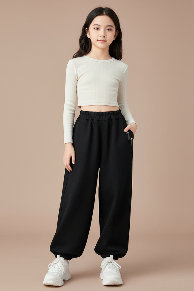 Pantalon Japonais Noir Ample Molleton Décontracté Enfant