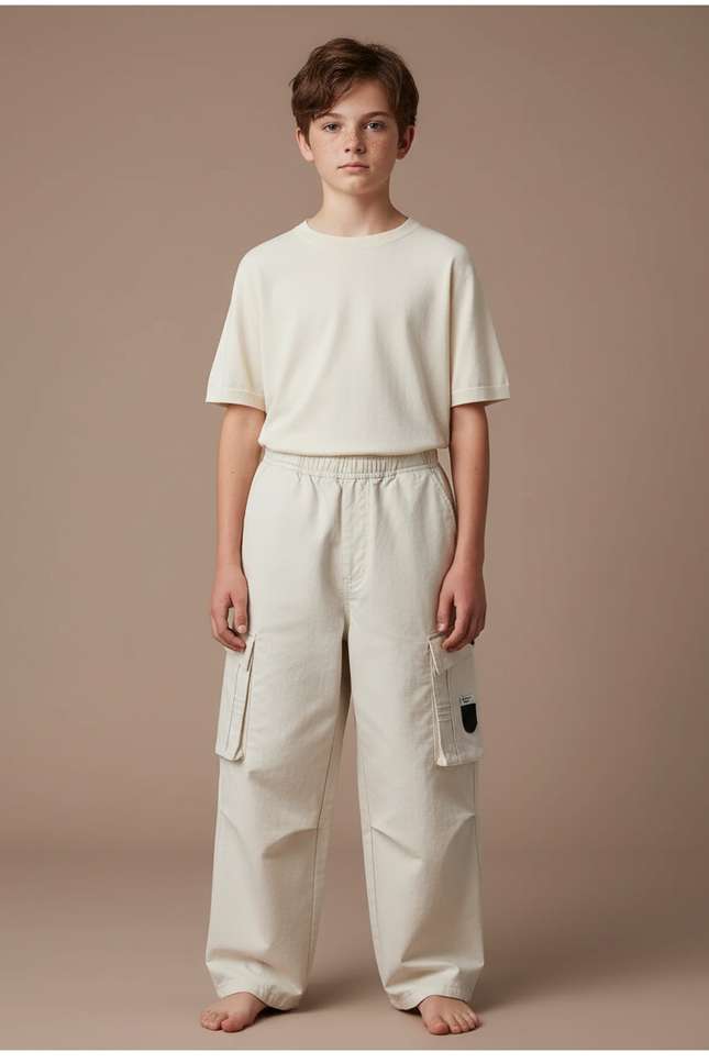 Pantalon Japonais Beige Cargo Ample Coton Enfant - Toile